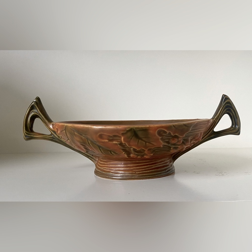 Vintage Roseville Pottery Bowl with Handles, Signed, Bushberry 412-6 USA, Orange